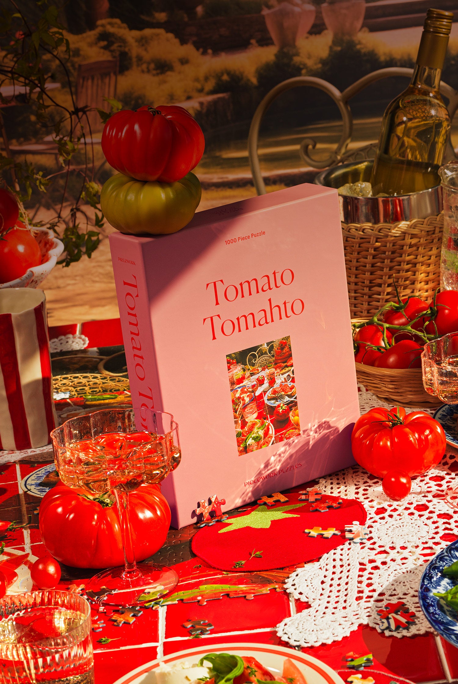A vibrant tomato-themed tablescape featuring Piecework's Tomato Tomahto 1000-piece puzzle, fresh tomatoes, elegant glassware, and playful red picnic-inspired decor—perfect for foodies, puzzle enthusiasts and, of course, tomato lovers.